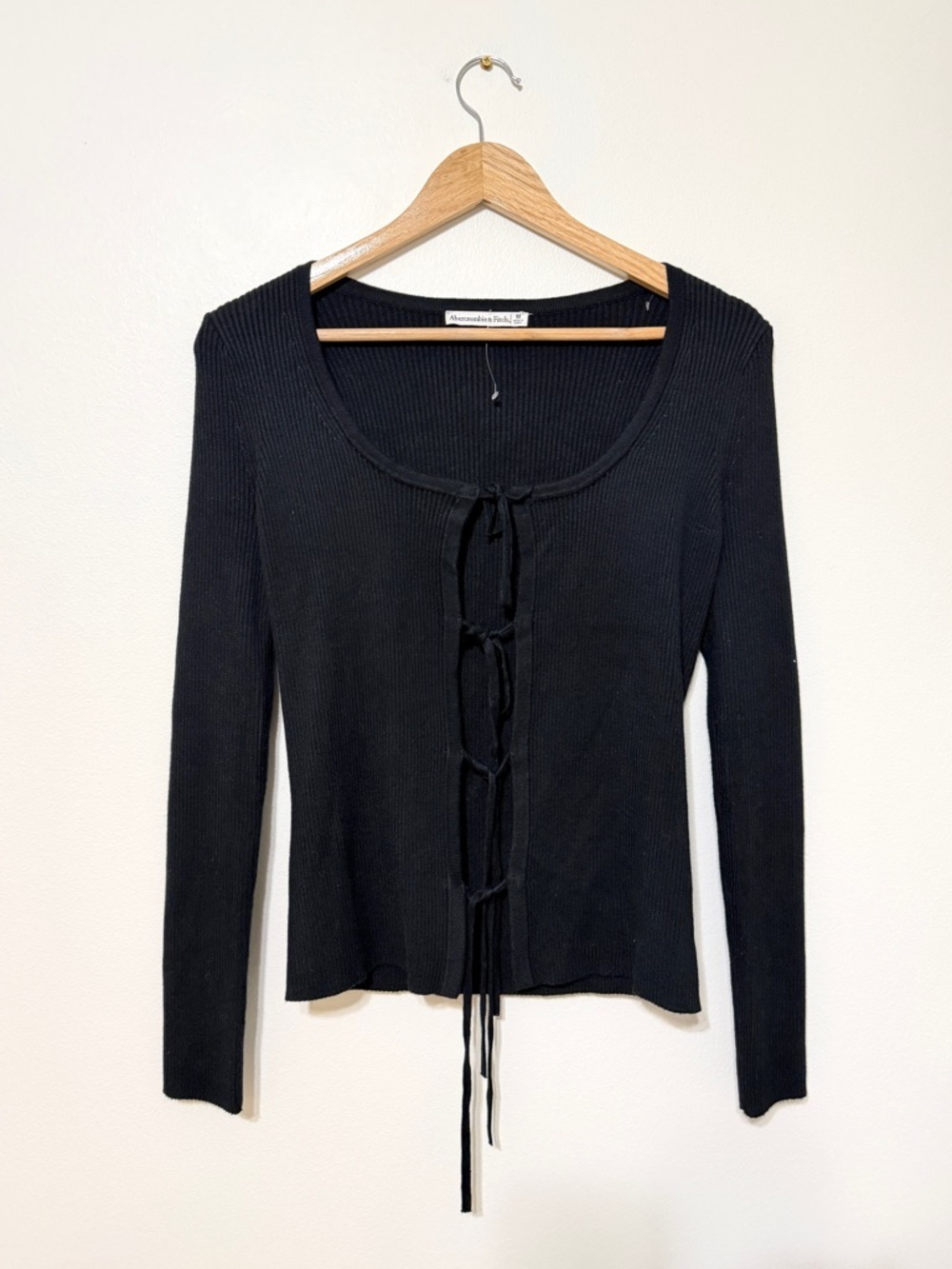 Abercrombie & Fitch Tie Front Ribbed Cardigan Size Medium Black Sweater Bows